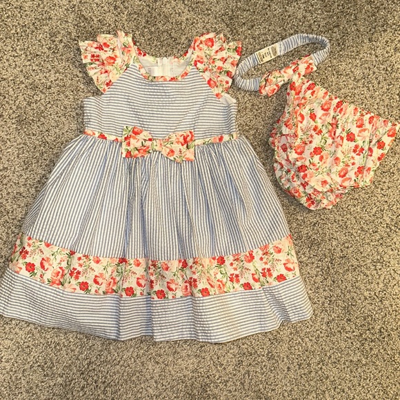 Iris & Ivy 18 months seersucker/floral dress with matching bottoms and headband - Picture 1 of 7